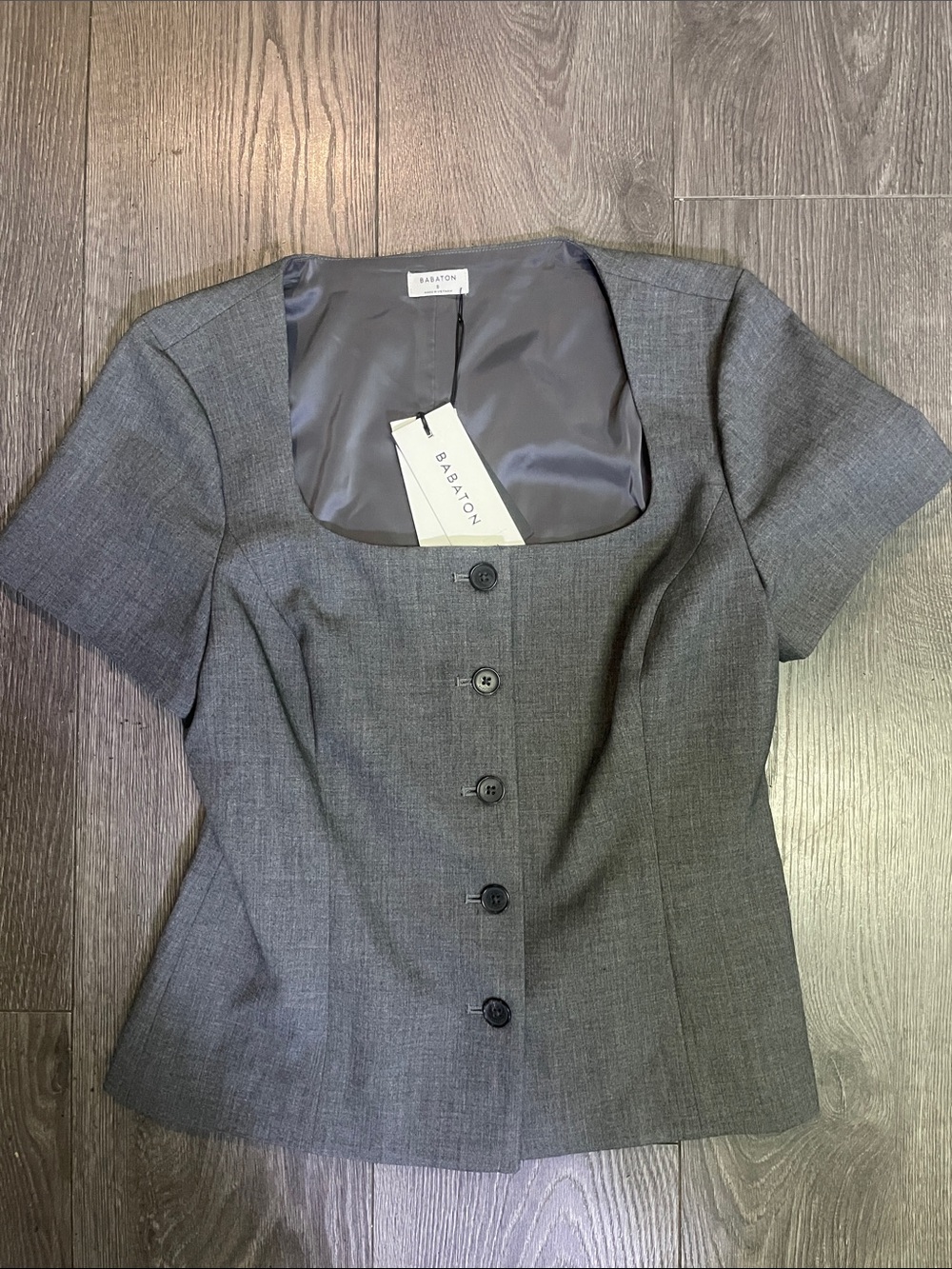 Babaton Charcoal Gray Short-Sleeve Tailored Button Front Blouse